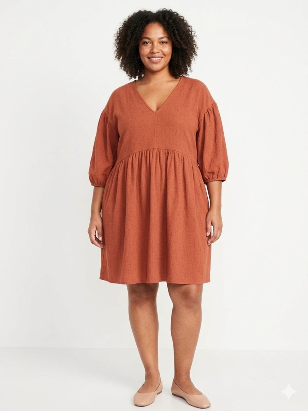 Terra & Sky Rust V-Neck Babydoll Mini Dress